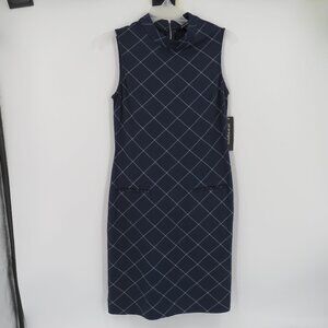 Sharagano Blue Mock Neck Sleeveless Zipper Back Sheath Dress Women's Size 10